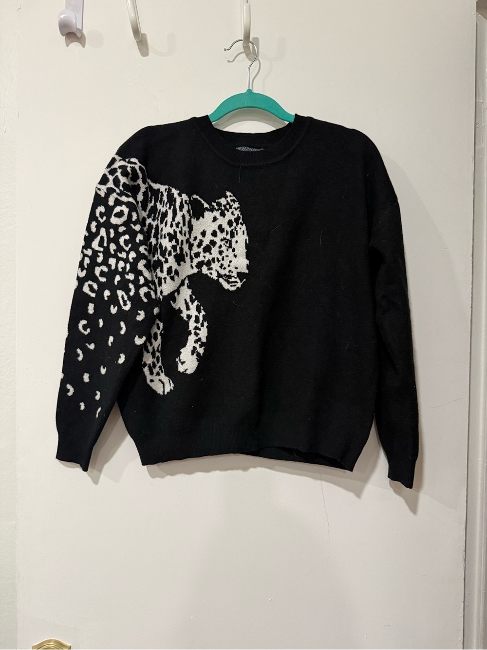 Black Crewneck Sweater with White Leopard Intarsia - Women